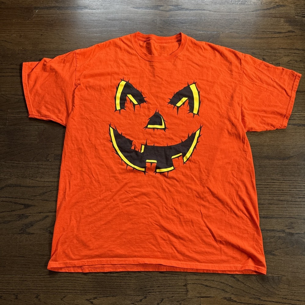 Orange Pumpkin T-Shirt Size L Cotton Halloween Graphic Vintage
